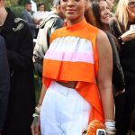 Rihanna looking beautiful in orange at the Roc Nation pre-Grammy Awards brunch