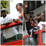 LeBron James, Juwan Howard, Dwyane Wade, Chris Bosh et Miami Heat célèbrent la victoire des Heat